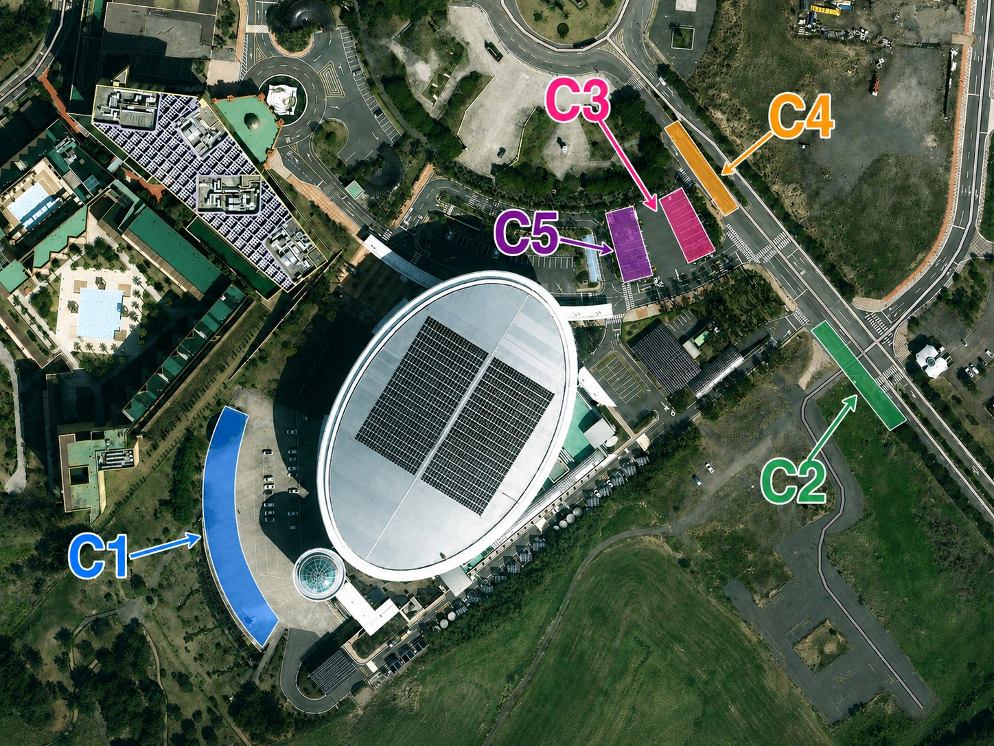 Map of all five boarding points around ICC Jeju