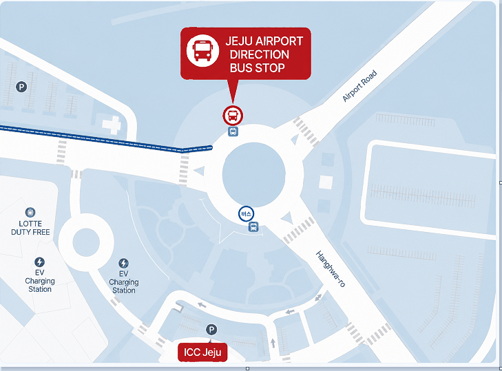 Map of the two ICC Jeju bus stops — drop-off and airport-bound boarding